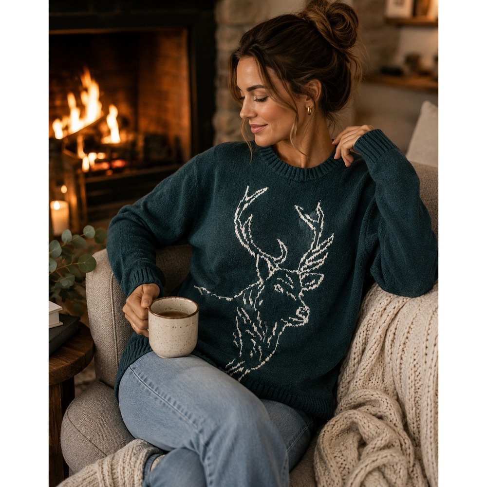 Old Navy Women's Medium SoSoft Green Deer Stag Sweater Crewneck Cozy Winter